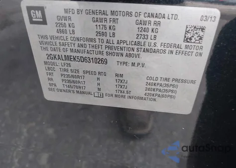 2013 GMC Terrain Sle-1 z USA, uszkodzony, nr VIN 2GKALMEK5D6310269